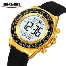 Waterproof Skmei digital watch, golden case and black rubber strap, LED display