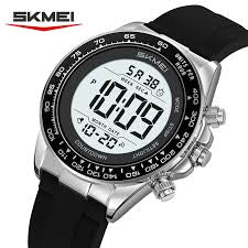 Waterproof Skmei digital watch, silver case and black rubber strap, LED display