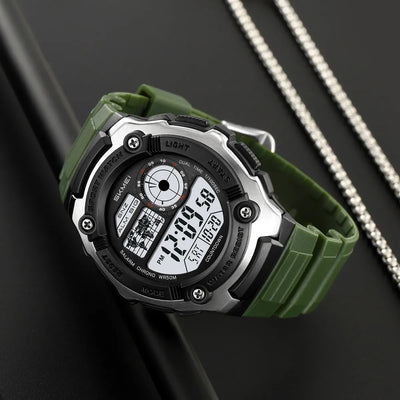 Waterproof Skmei 2517 watch, green rubber strap and silver digital dial