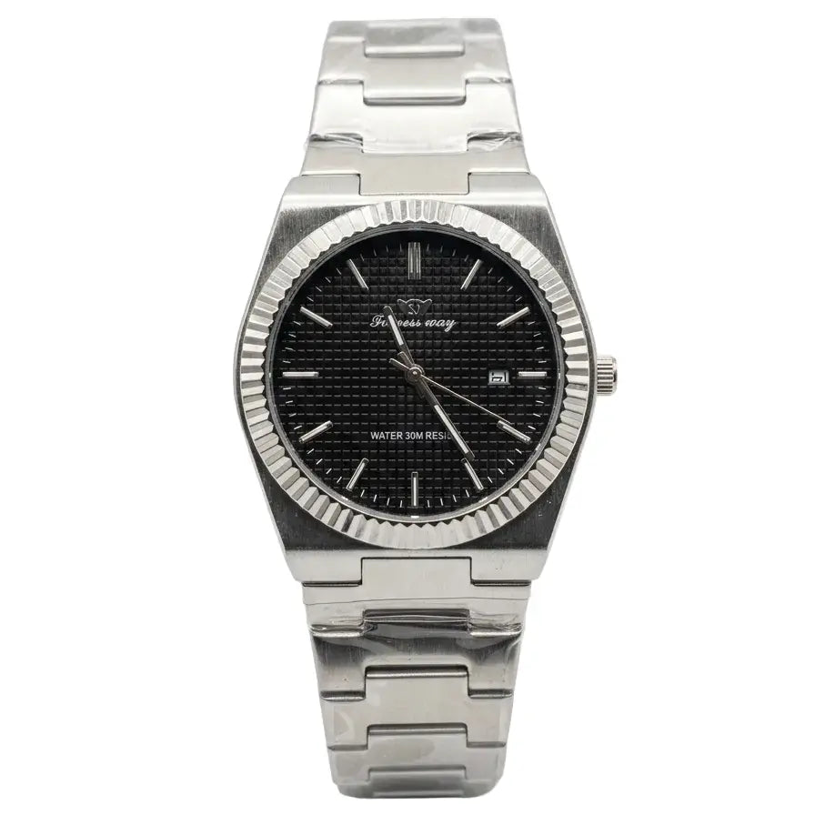 Stainless steel wristwatch with black dial, ridged bezel, and baton hour markers