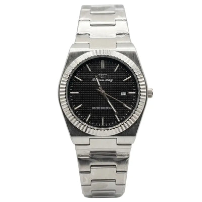 Stainless steel wristwatch with black dial, ridged bezel, and baton hour markers