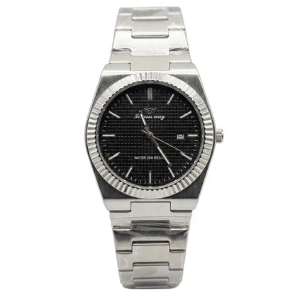 Stainless steel wristwatch with black dial, ridged bezel, and baton hour markers