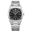 Stainless steel wristwatch with black textured dial, baton markers, and date window