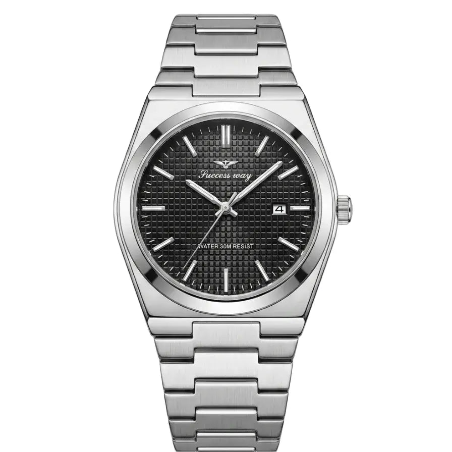 Stainless steel wristwatch with black textured dial, baton markers, and date window