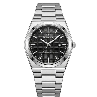 Stainless steel wristwatch with black textured dial, baton markers, and date window