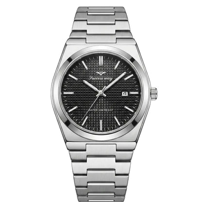 Stainless steel wristwatch with black textured dial, baton markers, and date window