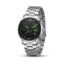 Men's rotating wheel quartz watch, silver bracelet, black dial with green accents