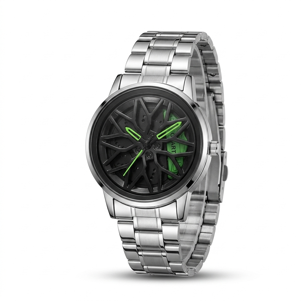 Men's rotating wheel quartz watch, silver bracelet, black dial with green accents