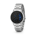 Men's rotating wheel quartz watch, silver bracelet, black dial with blue accents