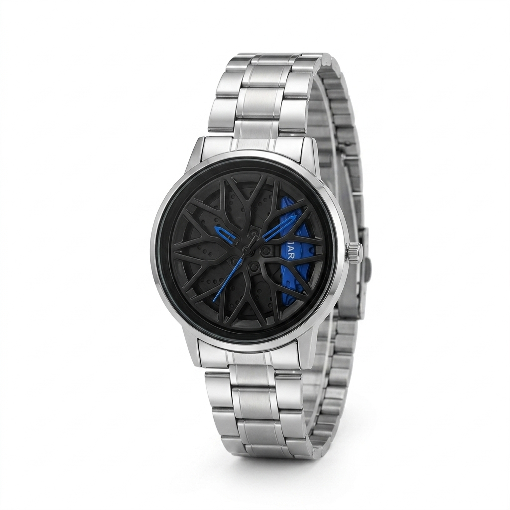 Men's rotating wheel quartz watch, silver bracelet, black dial with blue accents