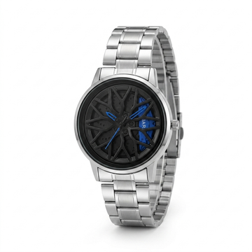 Men's rotating wheel quartz watch, silver bracelet, black dial with blue accents