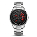 Men's rotating wheel quartz watch, silver bracelet, black dial with red accents