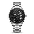 Men's rotating wheel quartz watch, silver bracelet, black dial with silver hands