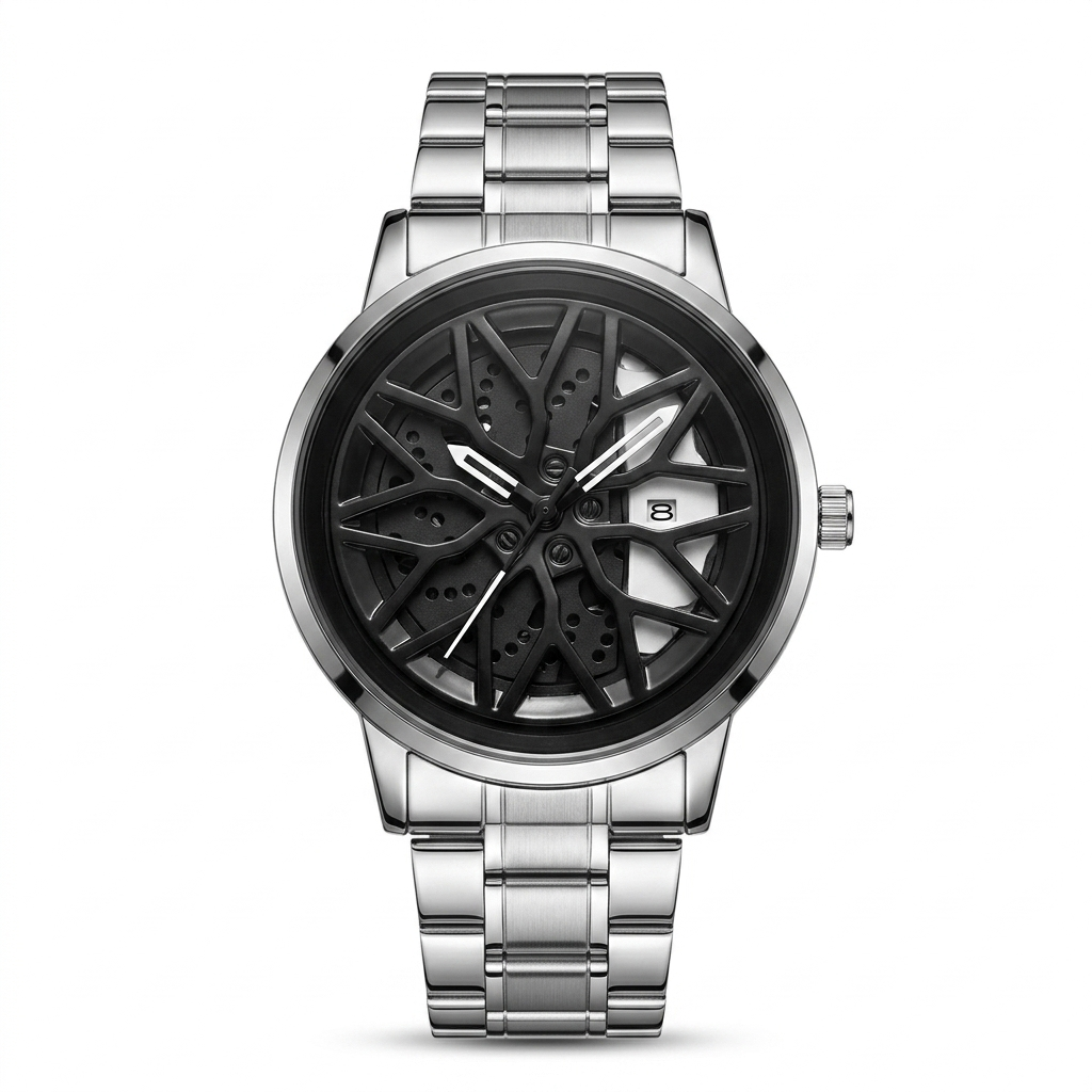 Men's rotating wheel quartz watch, silver bracelet, black dial with silver hands