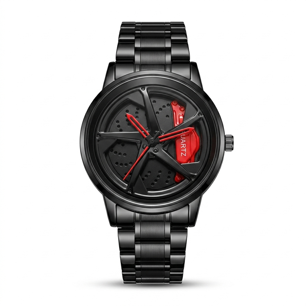 Men's black wrist watch with red accents and metal link band