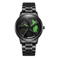Men's black wrist watch with green accents and metal link band