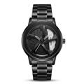 Men's black wrist watch with white accents and metal link band