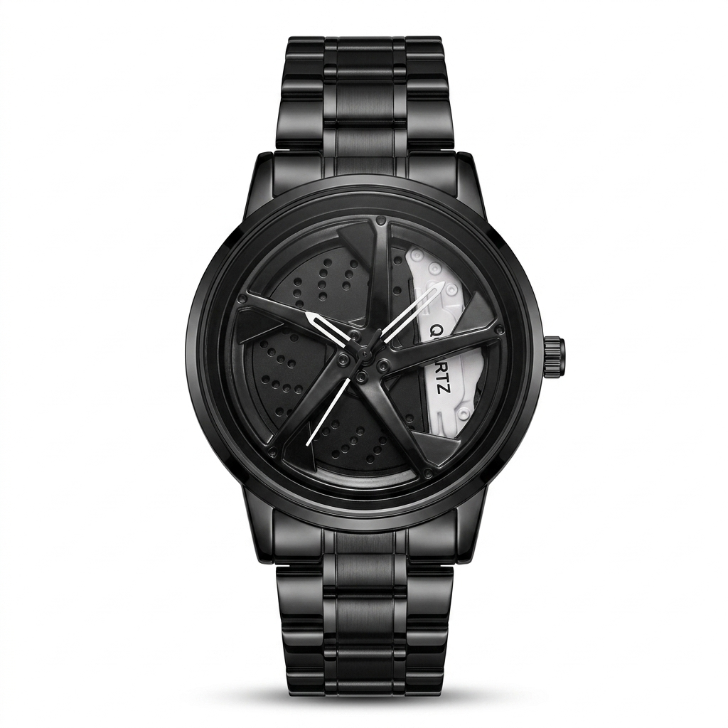 Men's black wrist watch with white accents and metal link band