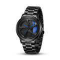 Men's black wrist watch with blue accents and metal link band