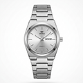 Waterproof quartz watch for men, white dial, silver metal bracelet