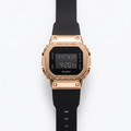 Digital sport watch with rose gold bezel and black silicone strap, black display