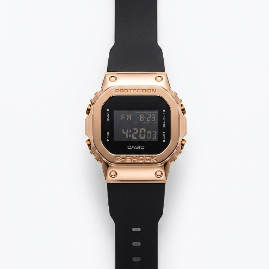 Digital sport watch with rose gold bezel and black silicone strap, black display