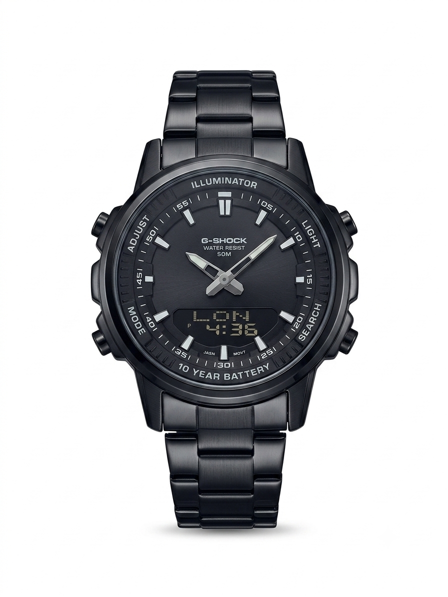 G-Shock Illuminator all-black stainless steel dual time watch with analog digital display and 50M water resistance