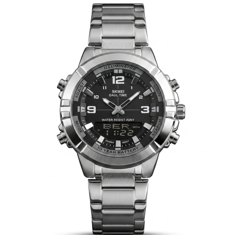 SKMEI Dual Time silver stainless steel watch with black dial, analog digital display and illuminator