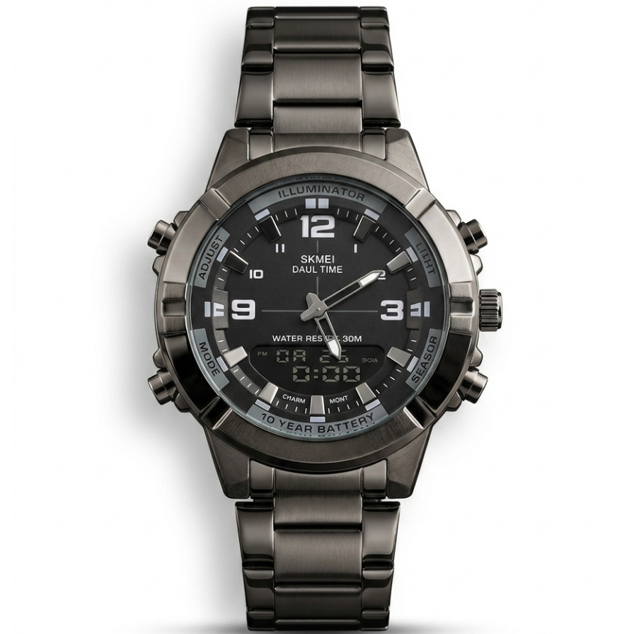 SKMEI Dual Time gunmetal black stainless steel watch with black dial and analog digital display