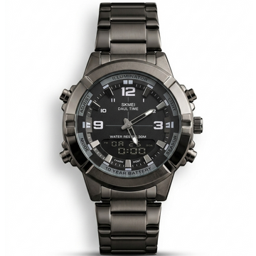SKMEI Dual Time gunmetal black stainless steel watch with black dial and analog digital display