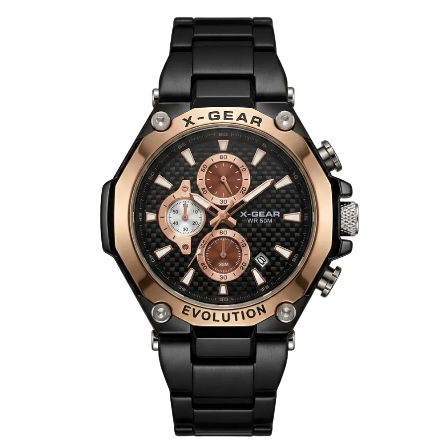 Men's chronograph watch, black strap, rose-gold bezel, dark bronze dial