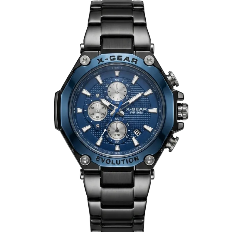 Men's chronograph watch, black strap, rose-gold bezel, dark bronze dial