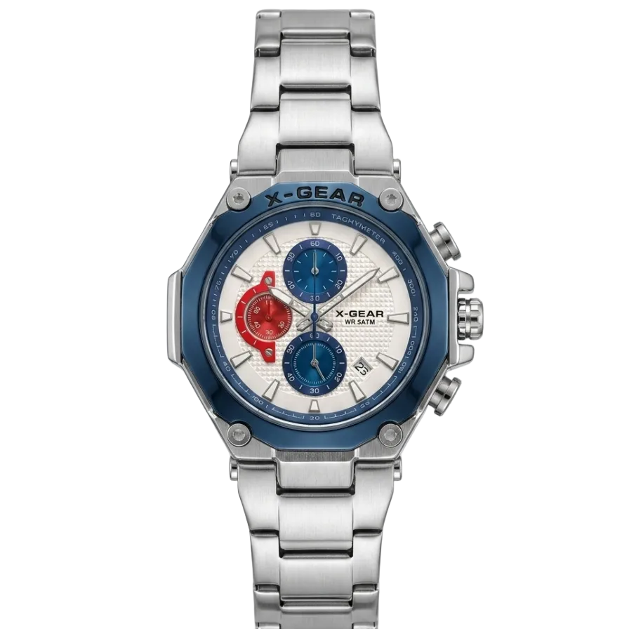 X-Gear Evolution chronograph men's watch silver stainless steel with blue bezel, white dial and red blue subdials