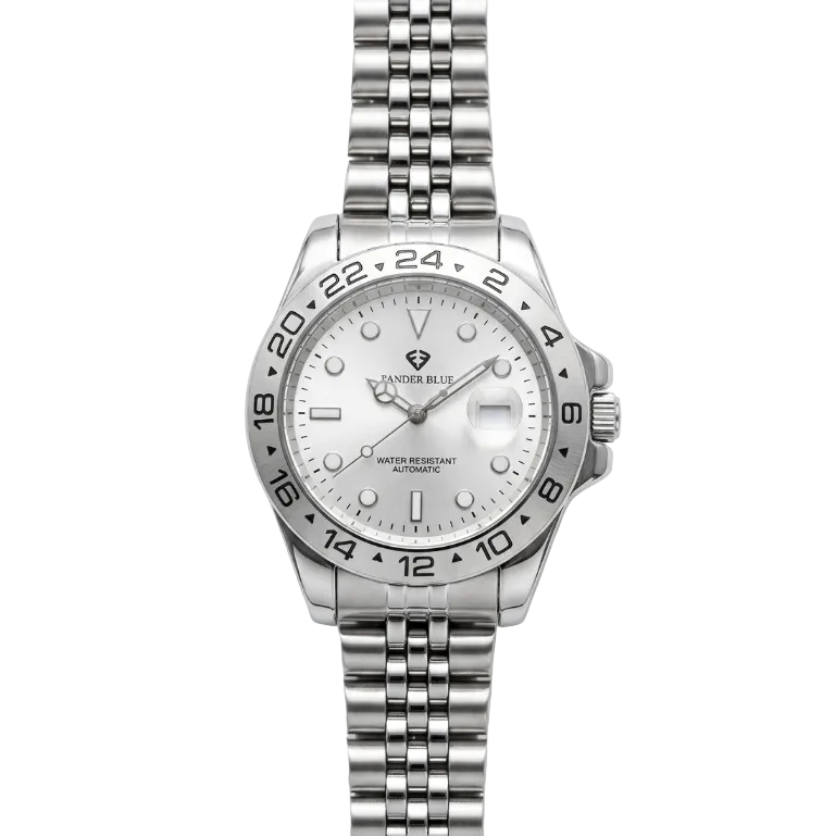 Fander Blue GMT Automatic men's watch with white dial, 24-hour bezel and jubilee stainless steel bracelet
