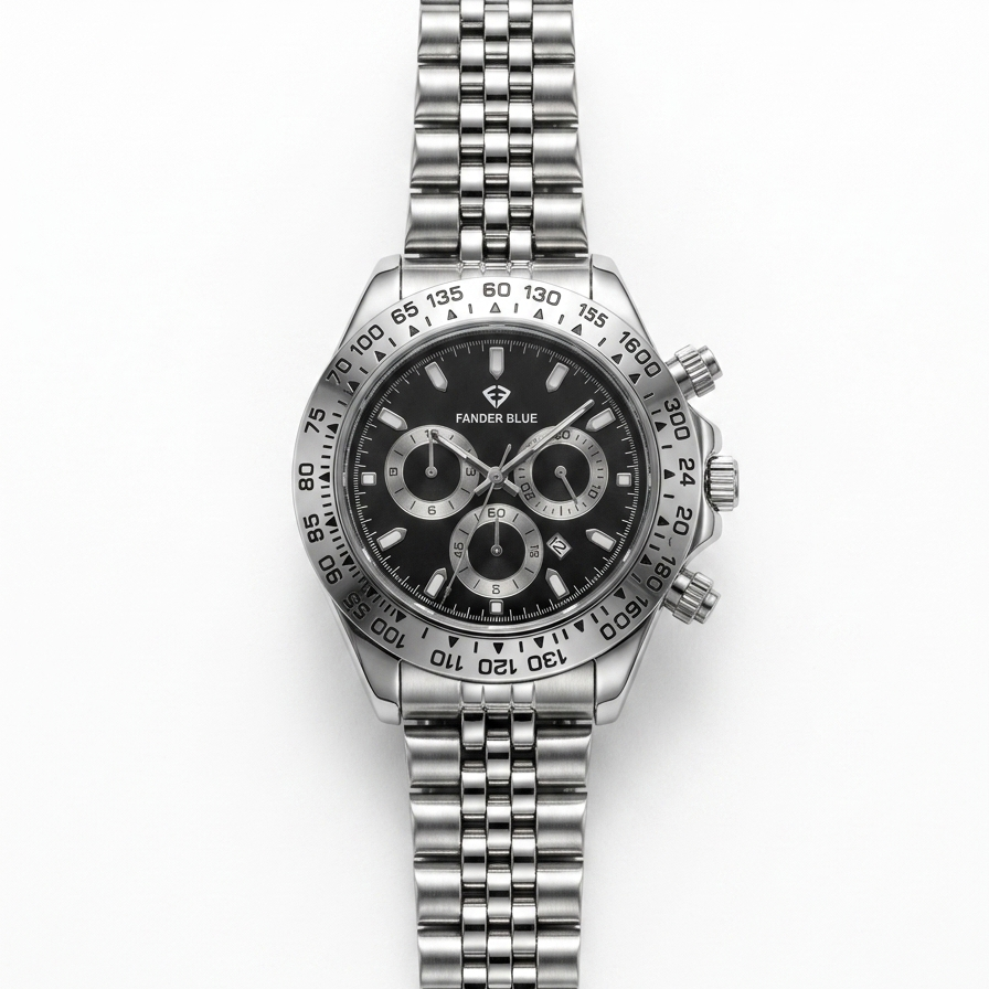 Fander Blue Chronograph men's watch with black dial, tachymeter bezel and silver jubilee stainless steel bracelet