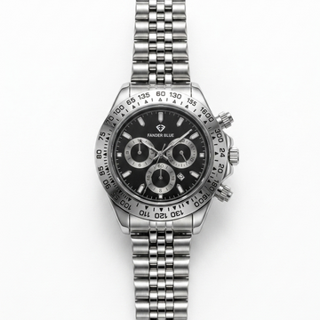 Fander Blue Chronograph men's watch with black dial, tachymeter bezel and silver jubilee stainless steel bracelet