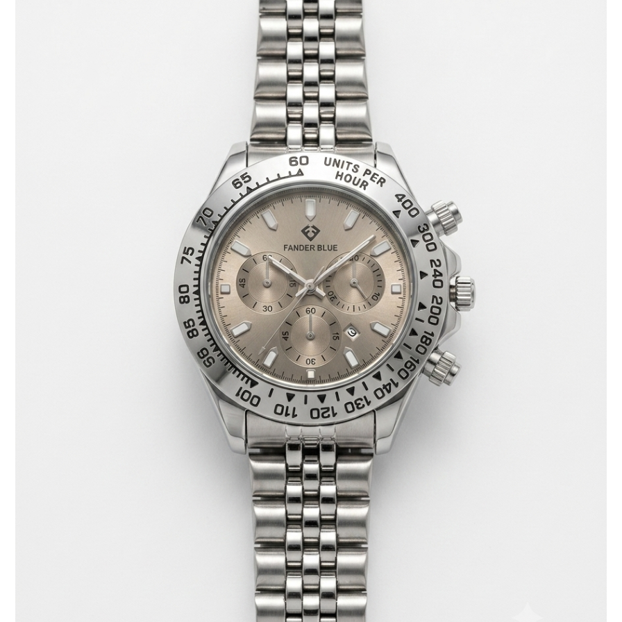 Fander Blue Chronograph men's watch with champagne dial, tachymeter bezel and silver jubilee stainless steel bracelet