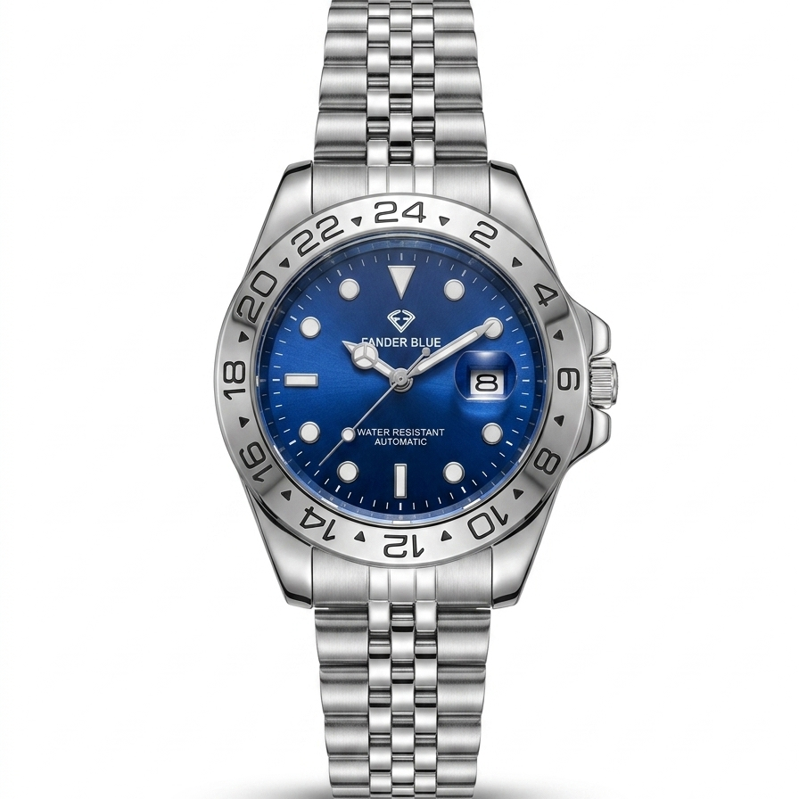 Fander Blue GMT Automatic men's watch with blue dial, 24-hour bezel and jubilee stainless steel bracelet