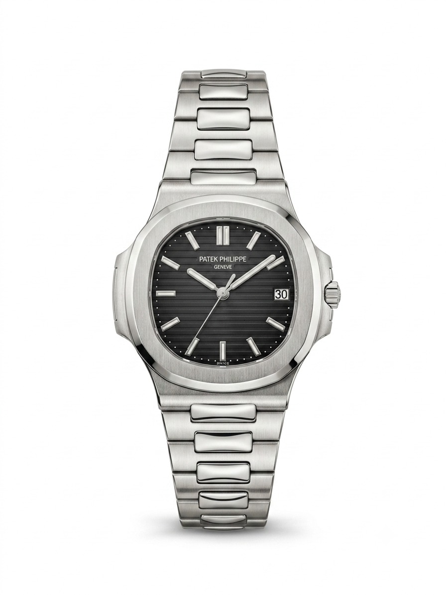 Men's stainless steel chain watch with black dial and date window