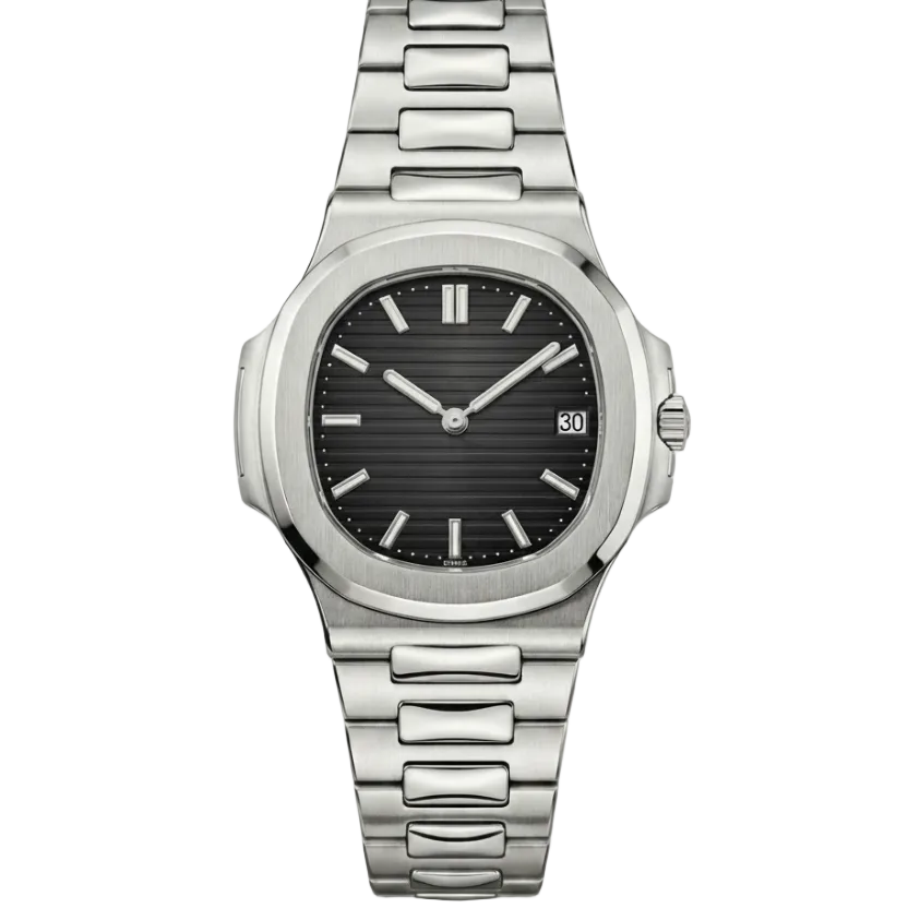 Men's stainless steel chain watch with black dial and date window