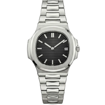 Men's stainless steel chain watch with black dial and date window