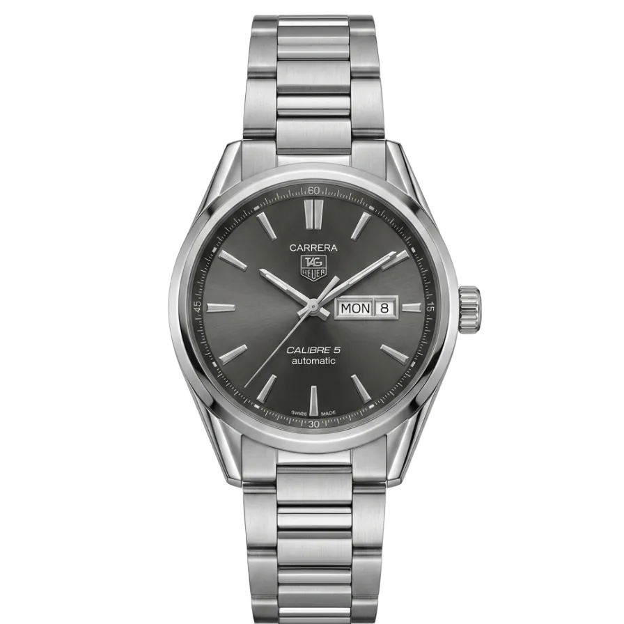 TAG Heuer Carrera Calibre 5 Automatic men's watch with anthracite grey dial, day-date display and stainless steel bracelet