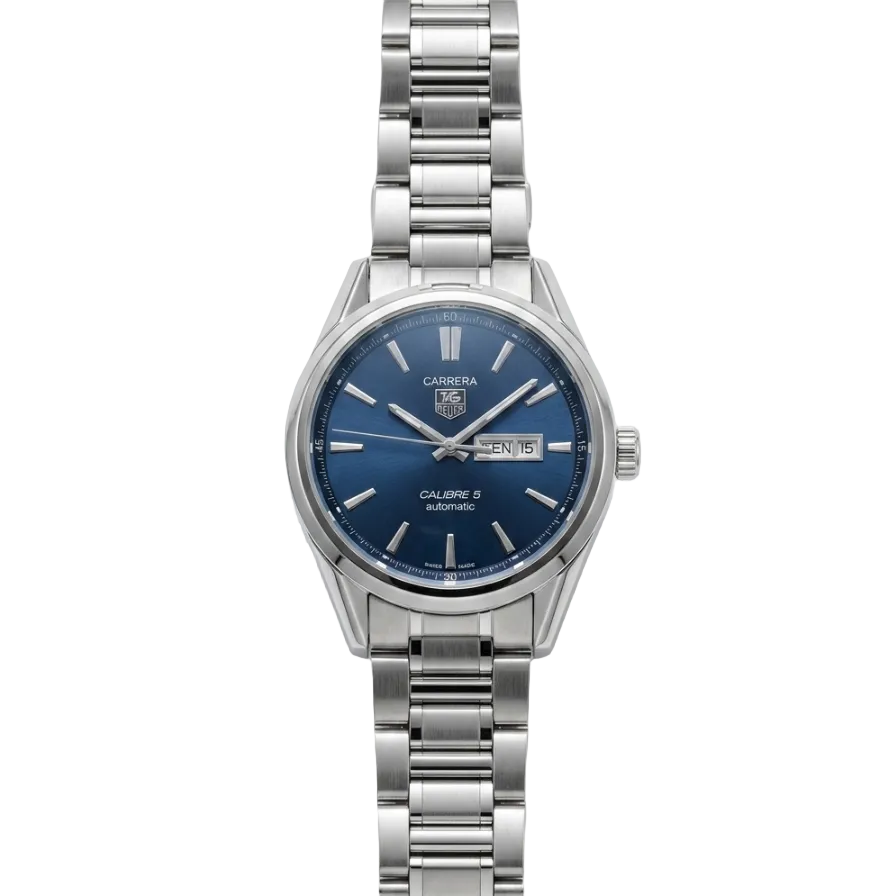 TAG Heuer Carrera Calibre 5 Automatic men's watch with navy blue dial, day-date display and stainless steel bracelet