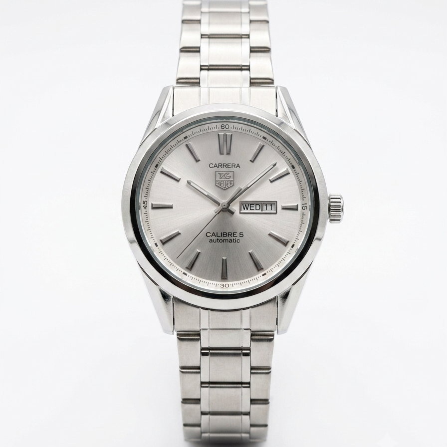 TAG Heuer Carrera Calibre 5 Automatic men's watch with silver dial, day-date display and stainless steel bracelet
