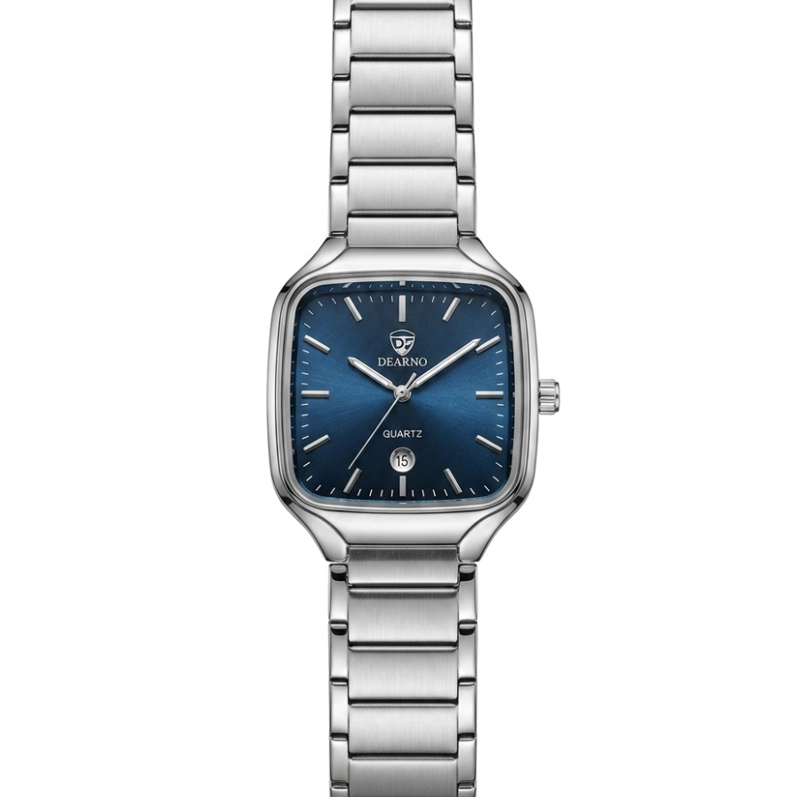 Square quartz men’s watch with black dial and stainless steel link bracelet