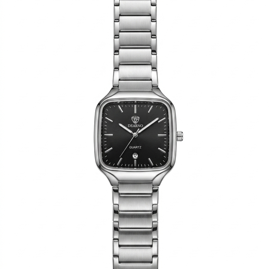 Square quartz men’s watch with black dial and stainless steel link bracelet