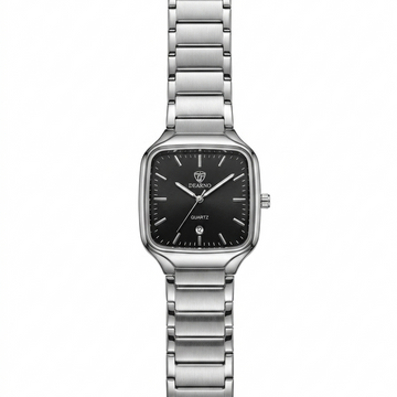 Dearno square quartz ladies watch with black dial, date display and polished stainless steel bracelet