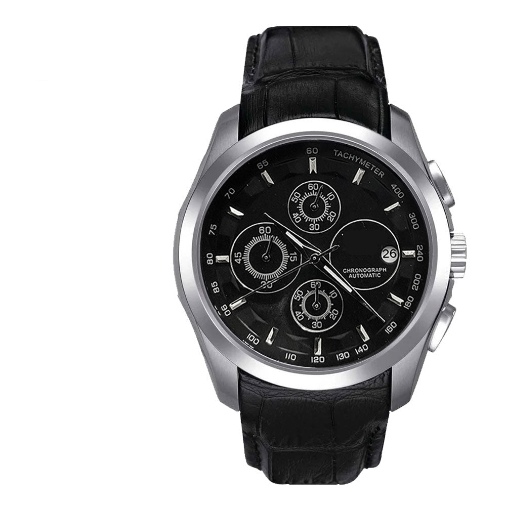 Round chronograph watch with black leather strap and silver case, black dial with subdials.