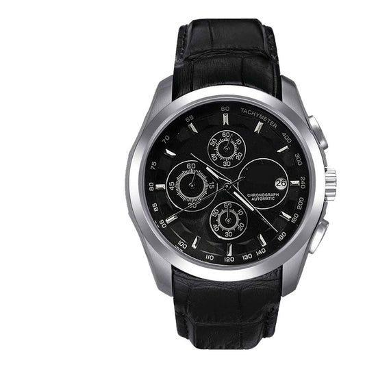 Round chronograph watch with black leather strap and silver case, black dial with subdials.