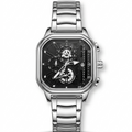 Mens square chronograph watch with black dial and silver metal bracelet